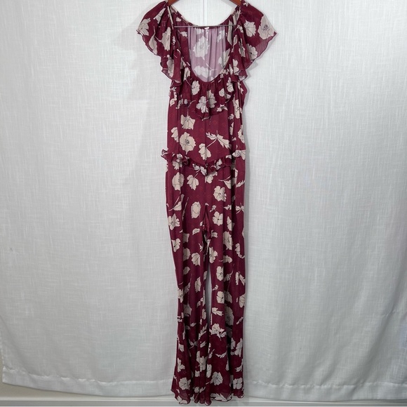 Free People Austyn Ruffle Floral Jumpsuit Coastal Cowgirl Bell Bottoms Sz L - Picture 4 of 15